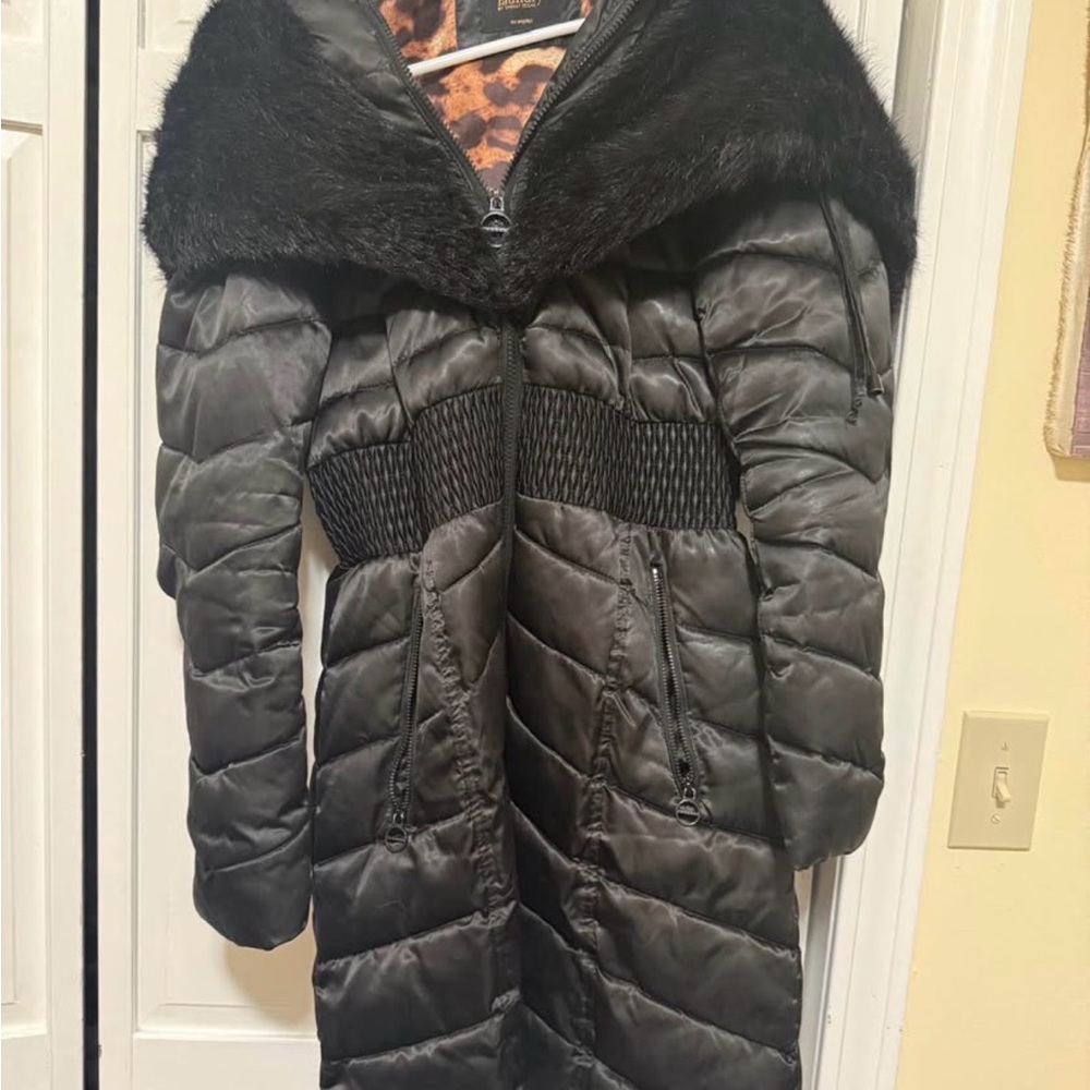 Laundry By Shelli Segal Black Puffer Coat with Faux Fur Collar